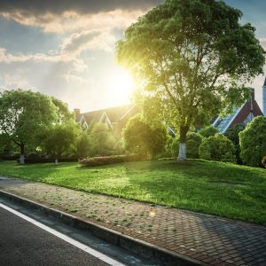 Beautiful modern house in cement, view from the garden.